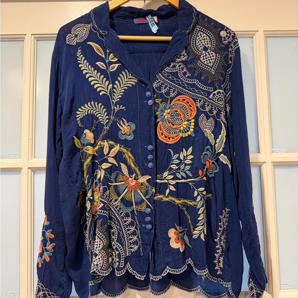 Johnny Was Navy Blue Button-Down Embroidered Floral Shirt